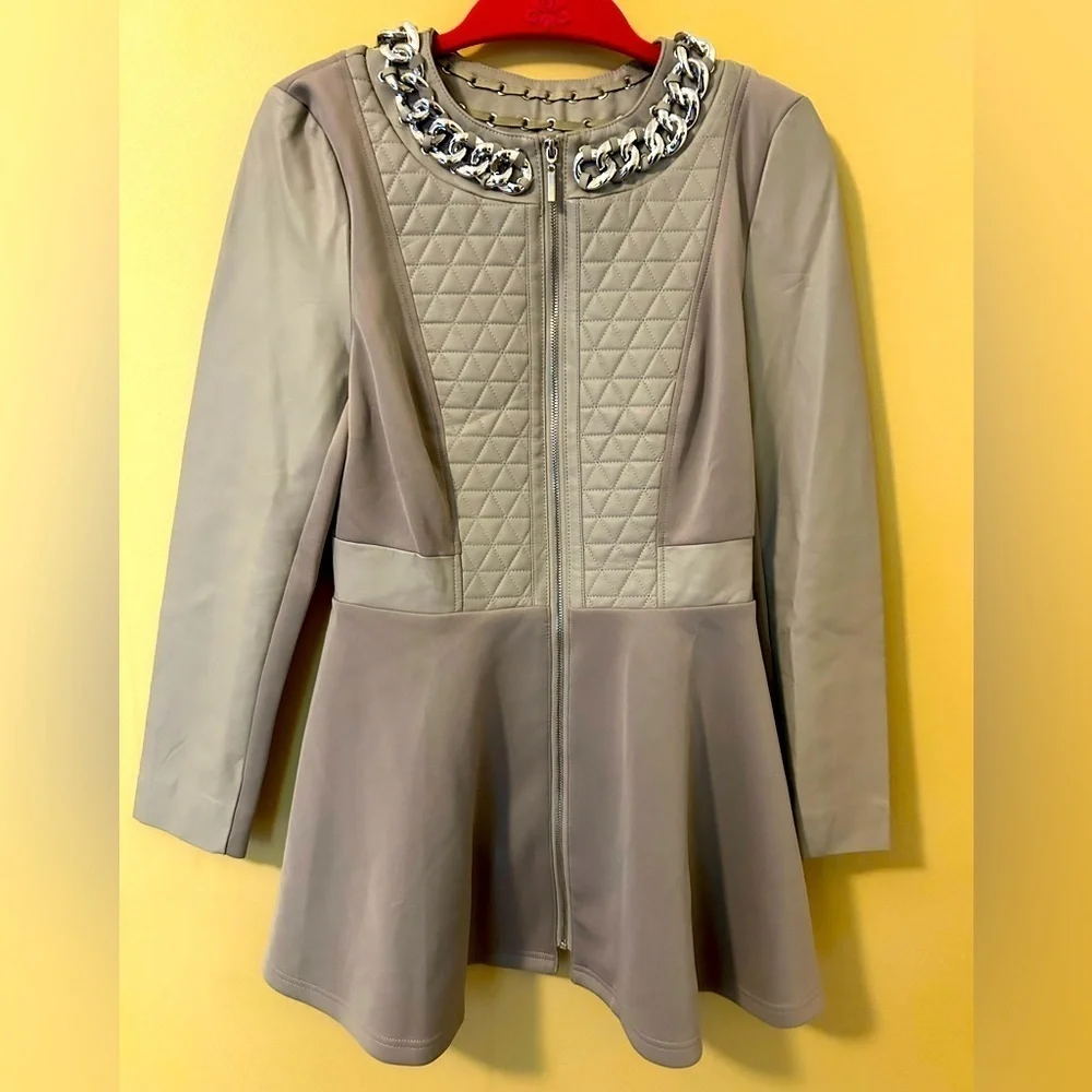 Venus Grey Faux Quilted Leather & Fabric Jacket Coat with front Zipper size 6 - Picture 2 of 5